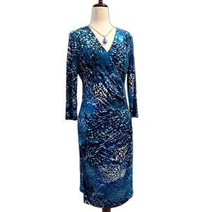 Dana Buchman Faux Wrap Water Scene Print Knee Length 3/4 Sleeve Dress Size 10